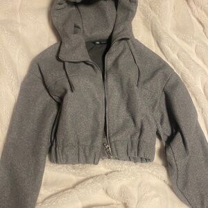 Grey Zara Cropped Zip Up Hoodie